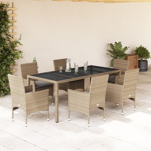 vidaXL spisebordssæt til haven 7 dele med hynder polyrattan og glas