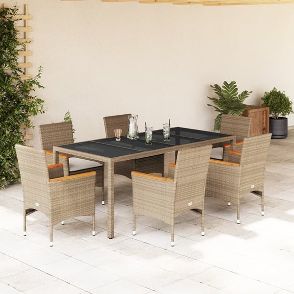 vidaXL spisebordssæt til haven 7 dele med hynder polyrattan og glas