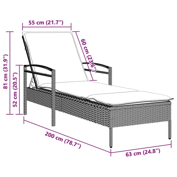 vidaXL liggestol med hynde 63x200x81 cm polyrattan lysegrå