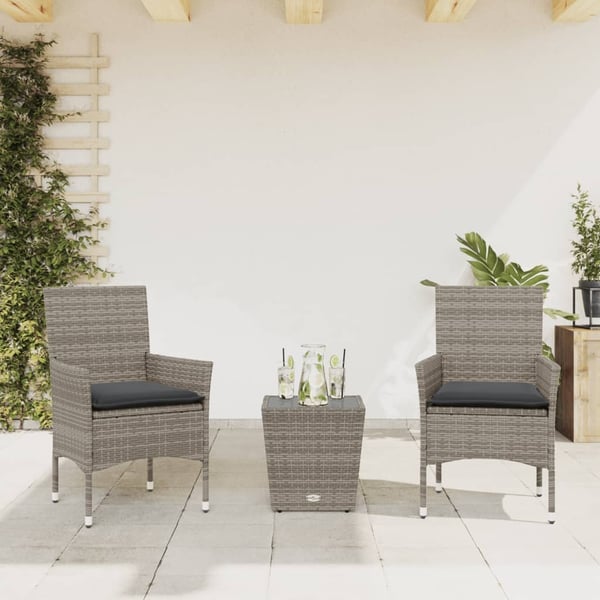 vidaXL bistrosæt til haven 3 dele med hynder polyrattan og glas grå