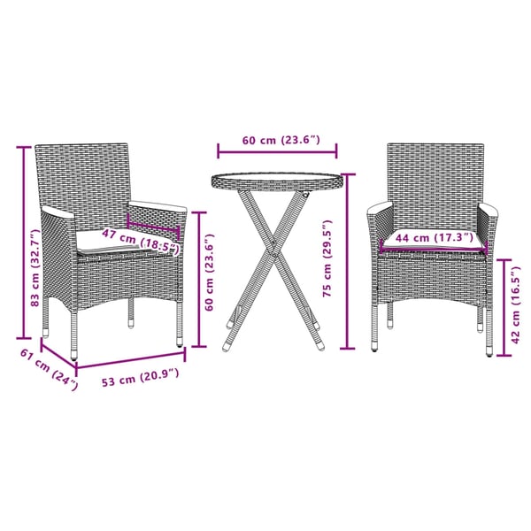 vidaXL bistrosæt til haven 3 dele med hynder polyrattan og glas sort