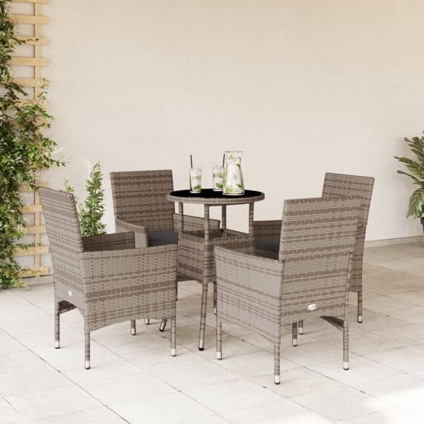 vidaXL spisebordssæt til haven 5dele med hynder polyrattan og glas grå