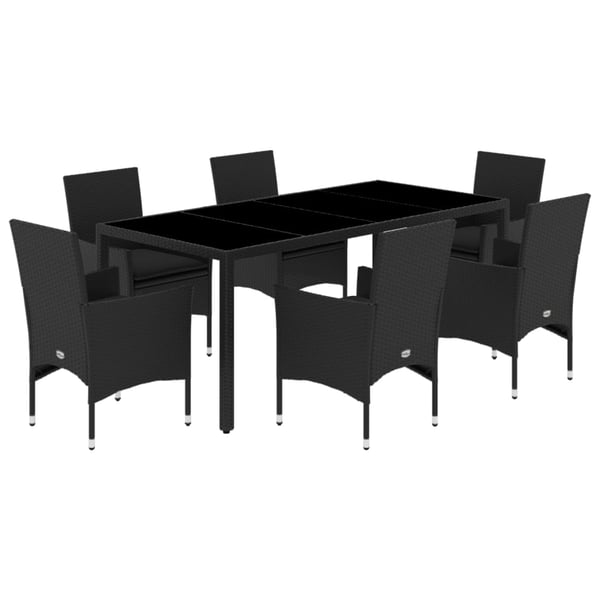 vidaXL spisebordssæt til haven 7dele m. hynder polyrattan og glas sort