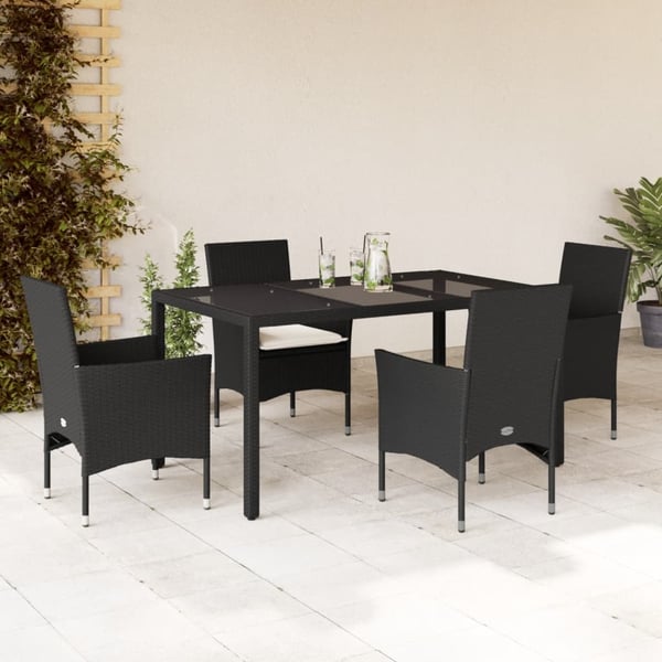 vidaXL spisebordssæt til haven 5dele m. hynder polyrattan og glas sort