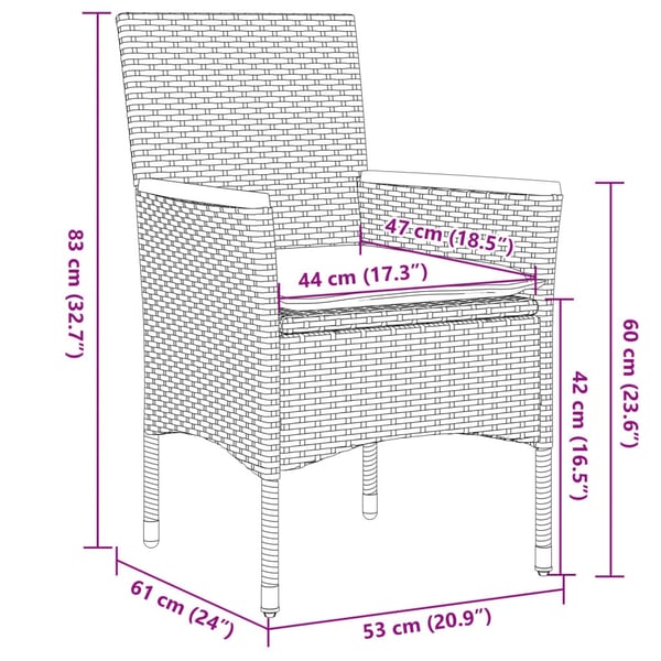vidaXL spisebordssæt til haven 3dele m. hynder polyrattan og glas sort