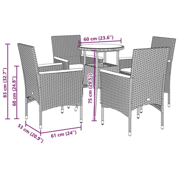 vidaXL spisebordssæt til haven 5dele med hynder polyrattan og glas grå