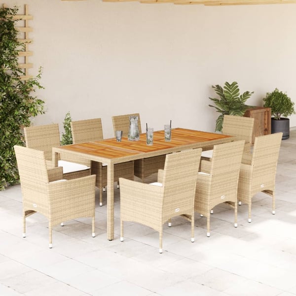 vidaXL spisebordssæt til haven 9dele m. hynder polyrattan akacie beige