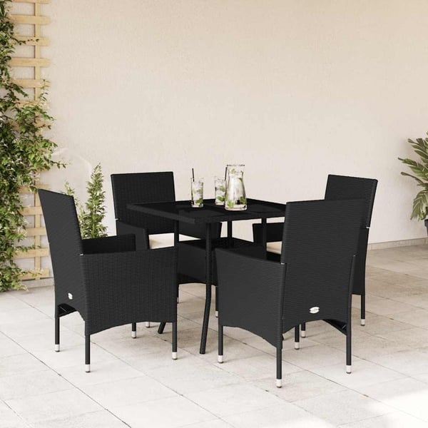 vidaXL spisebordssæt til haven 5dele m. hynder polyrattan og glas sort