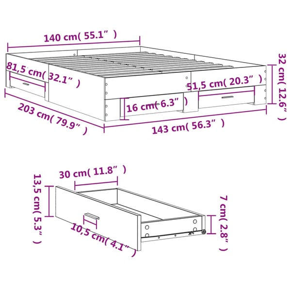 vidaXL Sengeramme med skuffer betonggrå 140x200 cm konstruert tre