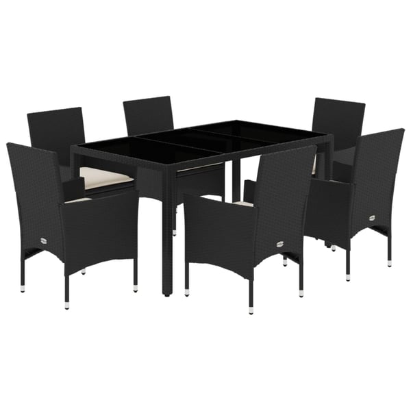 vidaXL spisebordssæt til haven 7dele m. hynder polyrattan og glas sort
