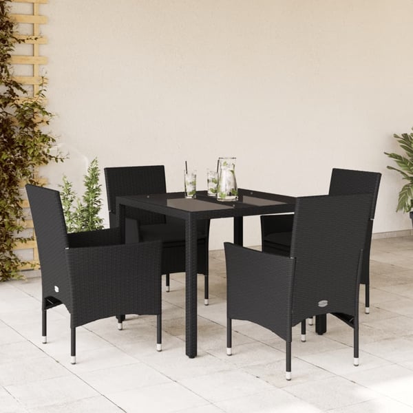 vidaXL spisebordssæt til haven 5dele m. hynder polyrattan og glas sort