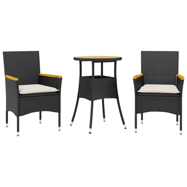 vidaXL spisebordssæt til haven 3dele m. hynder polyrattan og glas sort