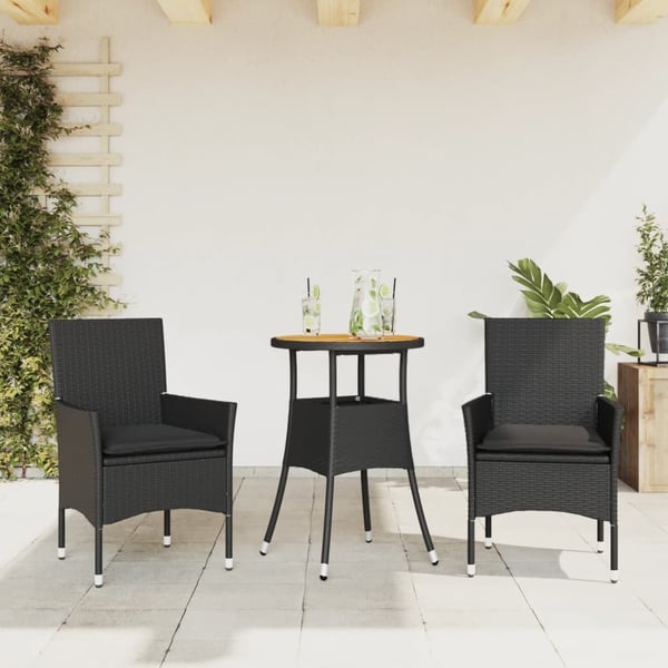 vidaXL spisebordssæt til haven 3dele m. hynder polyrattan og glas sort