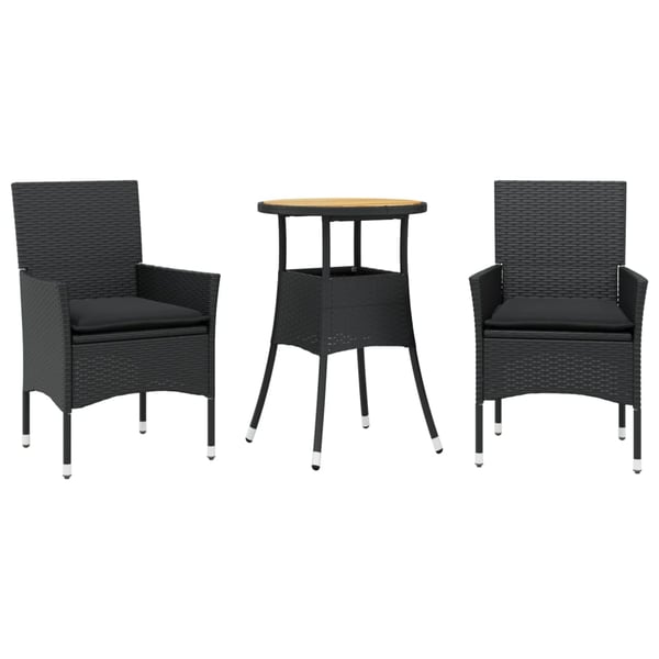 vidaXL spisebordssæt til haven 3dele m. hynder polyrattan og glas sort