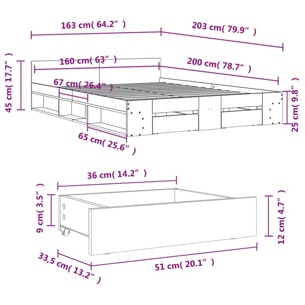 vidaXL Sengeramme med skuffer hvit 160x200 cm konstruert tre