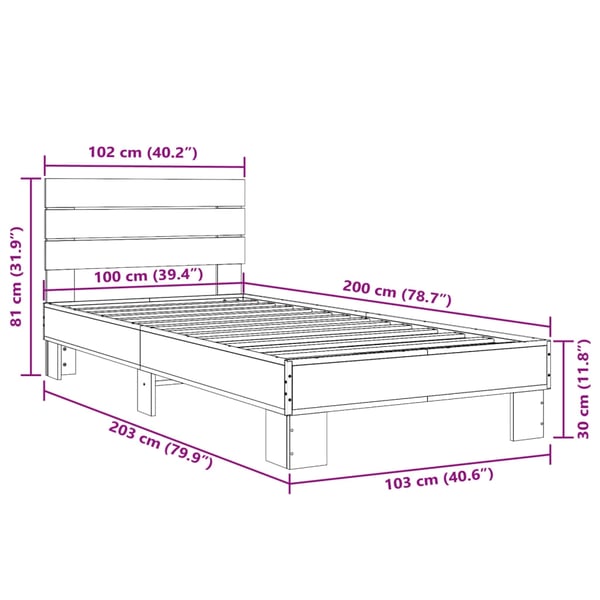 vidaXL Sengeramme røkt eik 100x200 cm konstruert tre og metall