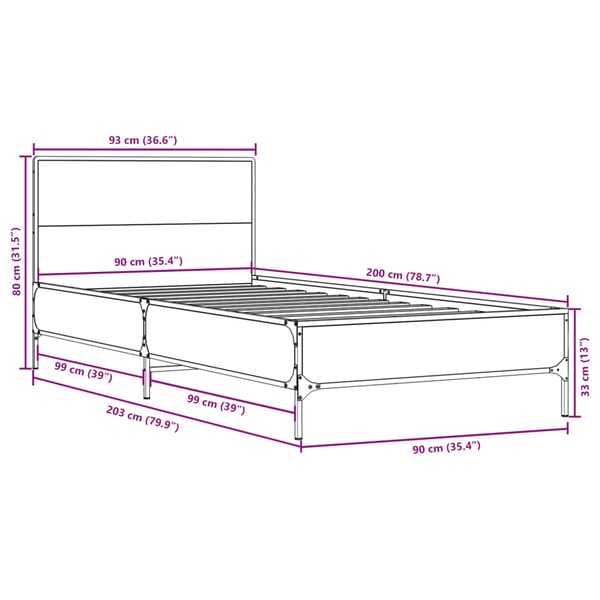 vidaXL sengeramme 90x200 cm konstrueret træ og metal røget eg