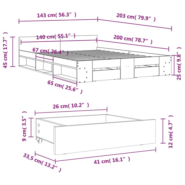 vidaXL Sengeramme med skuffer betonggrå 140x200 cm konstruert tre