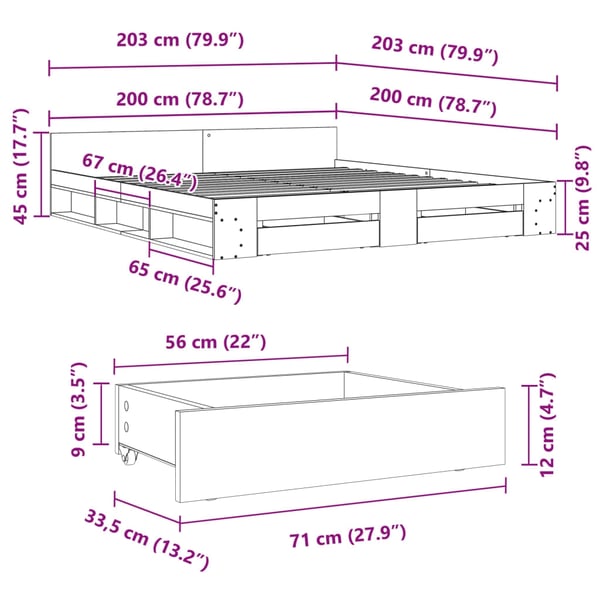 vidaXL Sengeramme med skuffer betonggrå 200x200 cm konstruert tre