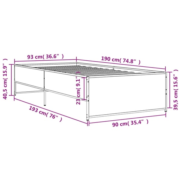 vidaXL Sengeramme grå sonoma 90x190 cm konstruert tre og metall