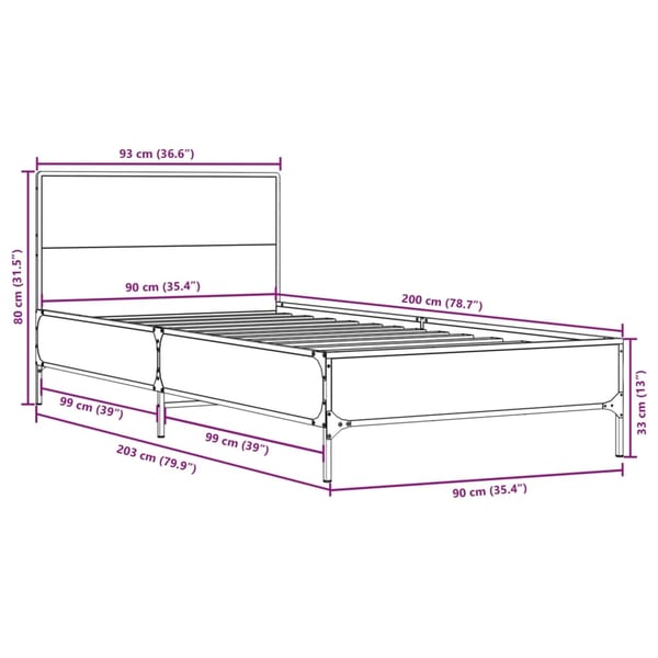 vidaXL Sengeramme brun eik 90x200 cm konstruert tre og metall