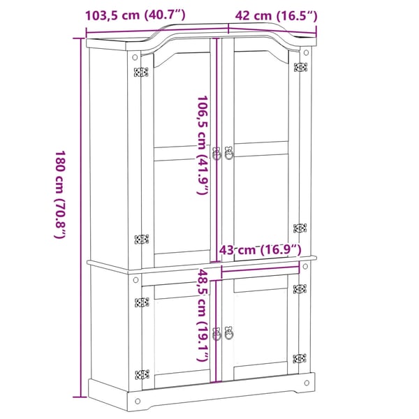 vidaXL Vitriinikaappi Corona 103,5x42x180 cm täysi mänty