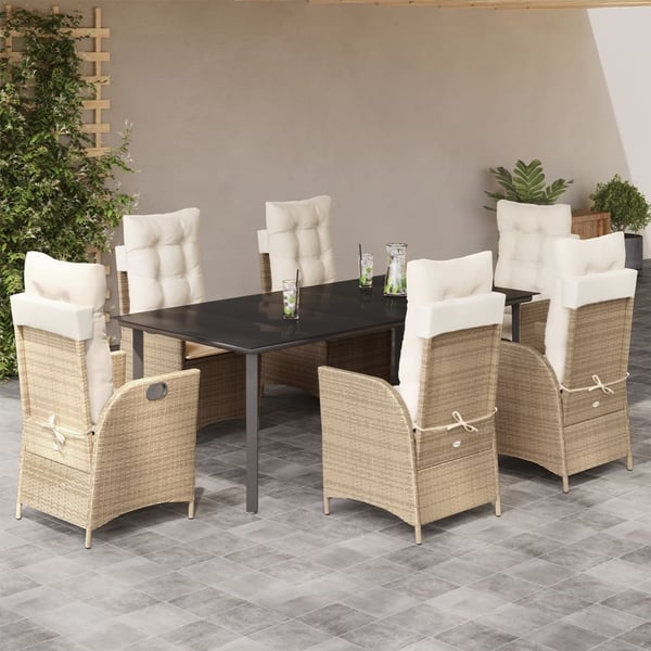 vidaXL spisebordssæt til haven 7 dele med hynder polyrattan beige