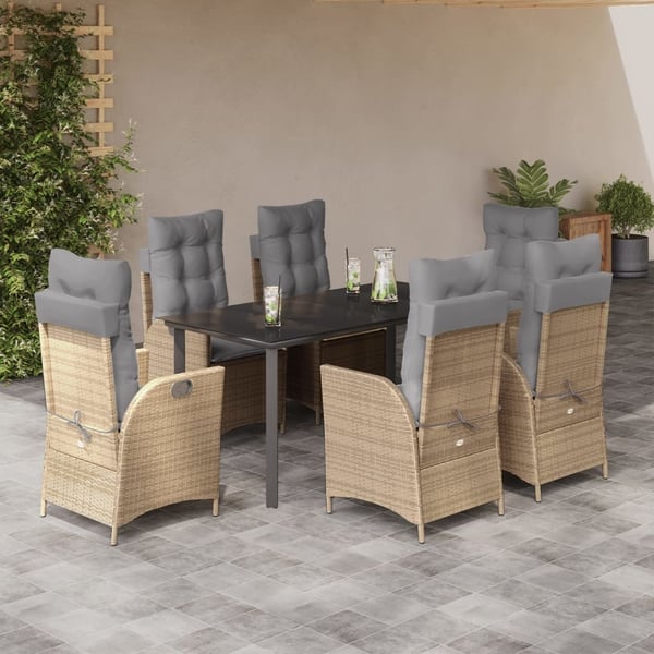 vidaXL spisebordssæt til haven 7 dele med hynder polyrattan beige