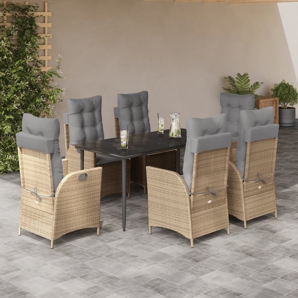 vidaXL spisebordssæt til haven 7 dele med hynder polyrattan beige