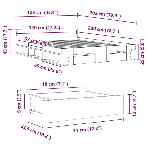 vidaXL Sengeramme med skuffer røkt eik 120x200 cm konstruert tre