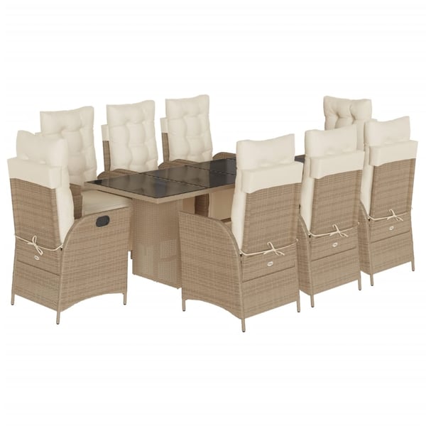 vidaXL spisebordssæt til haven 9 dele med hynder polyrattan beige