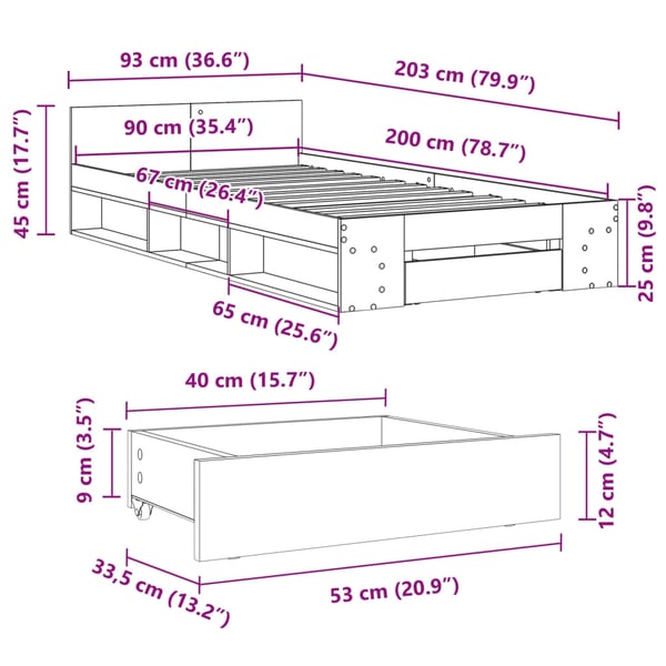 vidaXL sengeramme med skuffe 90x200 cm konstrueret træ hvid