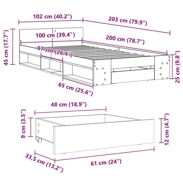 vidaXL Sengeramme med skuff hvit 100x200 cm konstruert tre