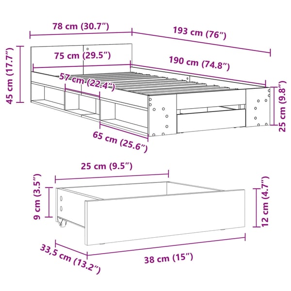 vidaXL Sängram med låda sonoma-ek 75x190 cm konstruerat trä