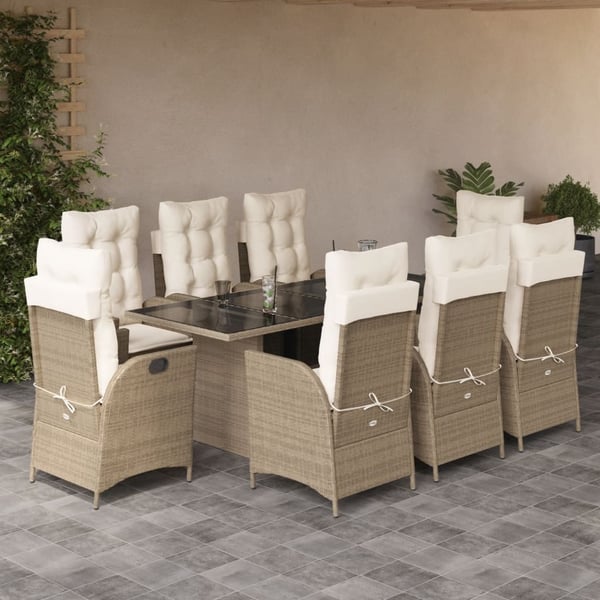 vidaXL spisebordssæt til haven 9 dele med hynder polyrattan beige
