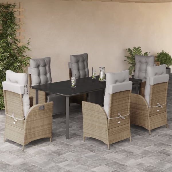 vidaXL spisebordssæt til haven 7 dele med hynder polyrattan beige