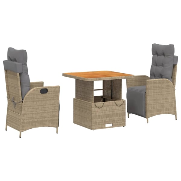 vidaXL spisebordssæt til haven 3 dele med hynder polyrattan beige