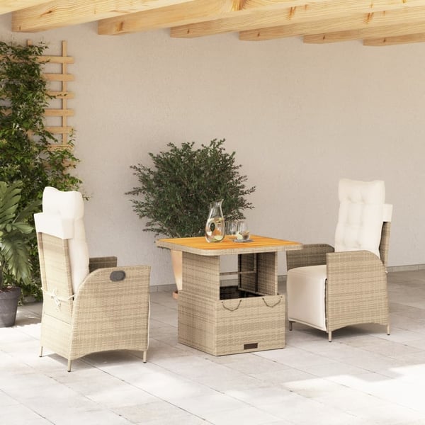 vidaXL spisebordssæt til haven 3 dele med hynder polyrattan beige