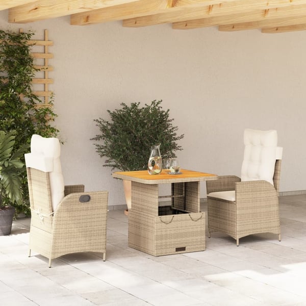 vidaXL spisebordssæt til haven 3 dele med hynder polyrattan beige
