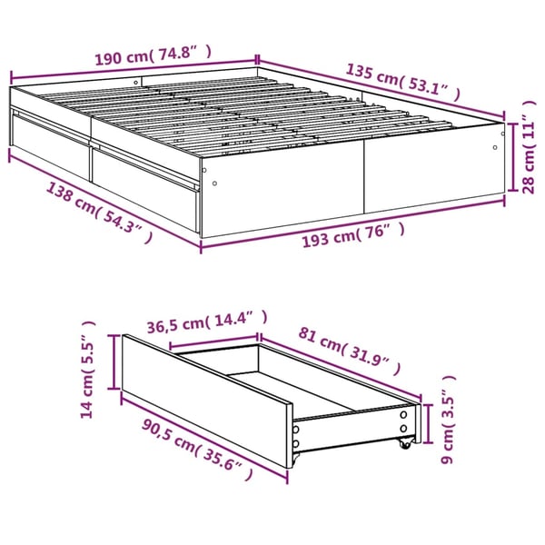 vidaXL Sengeramme med skuffer sonoma eik 135x190 cm konstruert tre
