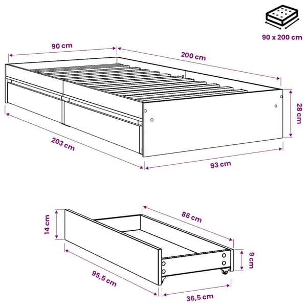 vidaXL Sängram med lådor sonoma-ek 90x200 cm konstruerat trä