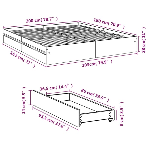 vidaXL Sengeramme med skuffer røkt eik 180x200 cm konstruert tre