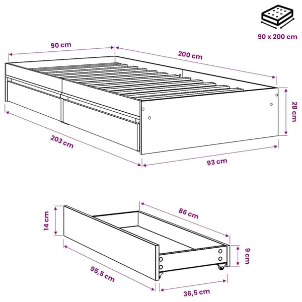 vidaXL sengeramme med skuffer 90x200 cm konstrueret træ røget eg