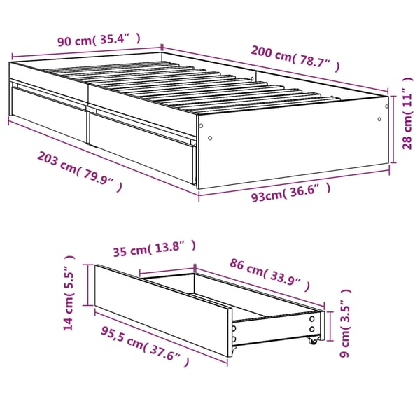 vidaXL Sengeramme med skuffer røkt eik 90x200 cm konstruert tre