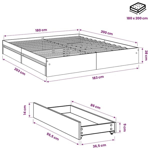vidaXL sengeramme med skuffer 180x200 cm konstrueret træ grå sonoma-eg
