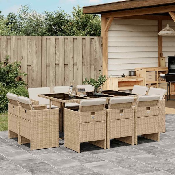 vidaXL spisebordssæt til haven 11 dele med hynder polyrattan beige