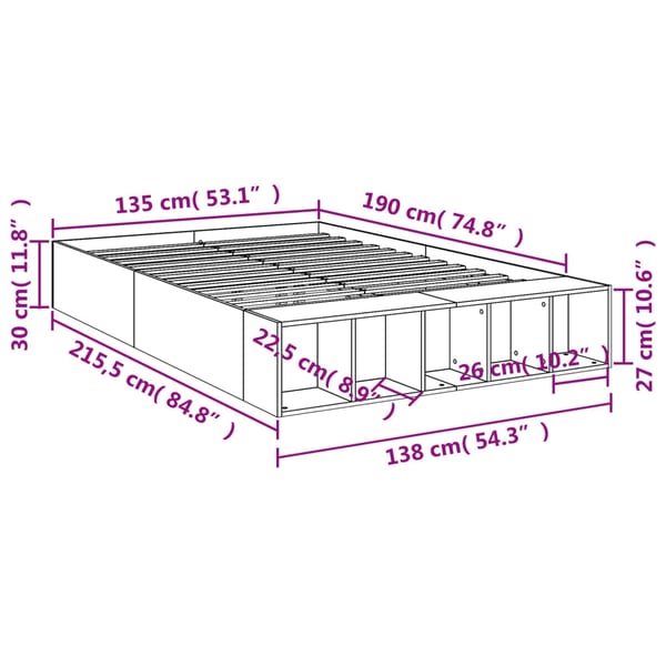 vidaXL Sängynrunko harmaa Sonoma 135x190 cm tekninen puu