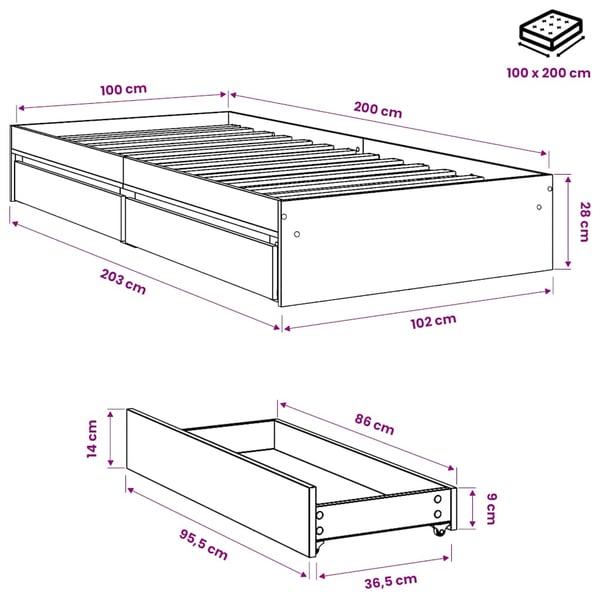 vidaXL sengeramme med skuffer 100x200 cm konstrueret træ røget eg