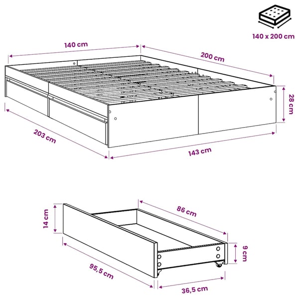 vidaXL sengeramme med skuffer 140x200 cm konstrueret træ grå sonoma-eg