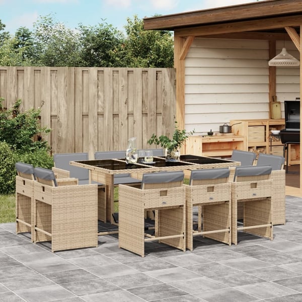 vidaXL spisebordssæt til haven 11 dele med hynder polyrattan beige